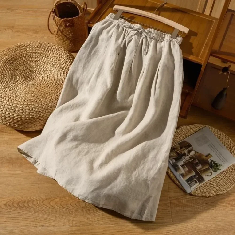 Women Cotton A-Line Skirt With Lining Tie Elastic Waist Loose Solid Color Slimming Casual Office Streetwear Minimalist Ladies