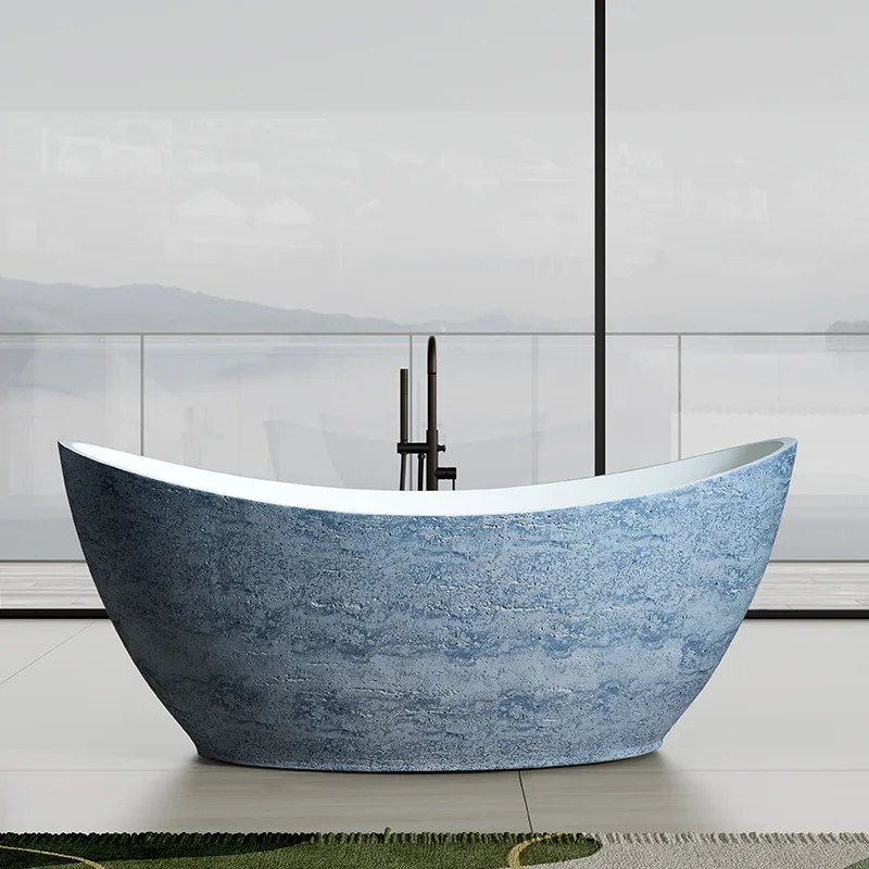 1800mm Hotel Style Moon-shaped Blue Travertine Bathtub, Artistic Natural Texture Freestanding Thickened Durable Bathtub RS098B