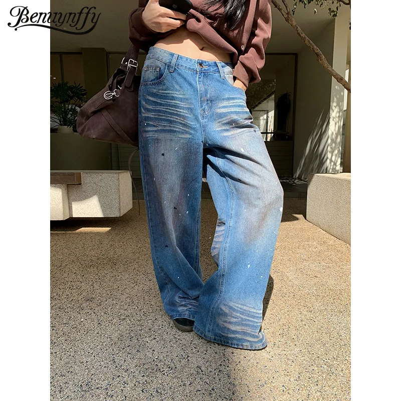 

Женские потертые джинсы Benuynffy Paint Splash, осень-зима 2022, новинка Y2K, уличная одежда в стиле Харадзюку, свободные широкие брюки с низкой посадкой