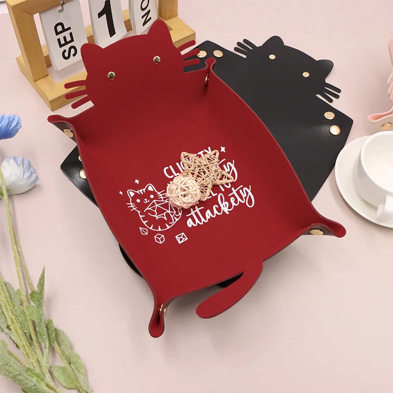 Cute Cat Shaped Foldable  Storage Tray, Portable PU Leather Desk Organizer for Jewelry, Keys, Cosmetics, Home Office Desk