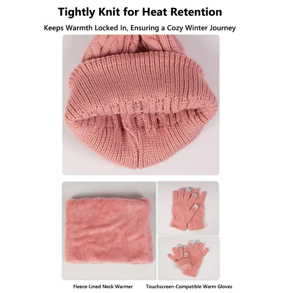 Set Sarung Tangan Syal Beanie Wanita Musim Dingin Modis Topi Beanie Tebal Rajut dengan Pom Penghangat Leher Hangat Cuaca Dingin
