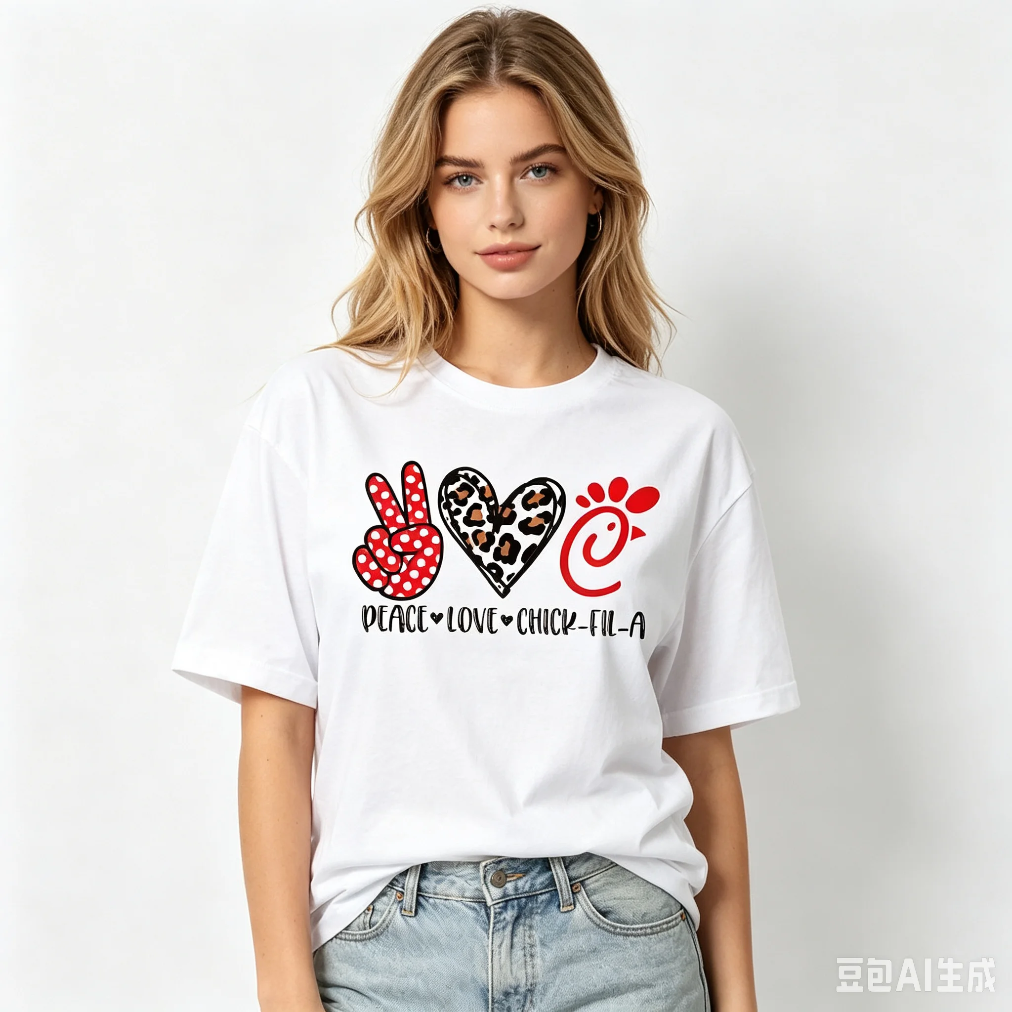Peace Love Chick-fil-A Leopard Heart Peace Sign Graphic Women White T-Shirt Fast Food Lover Casual Tee