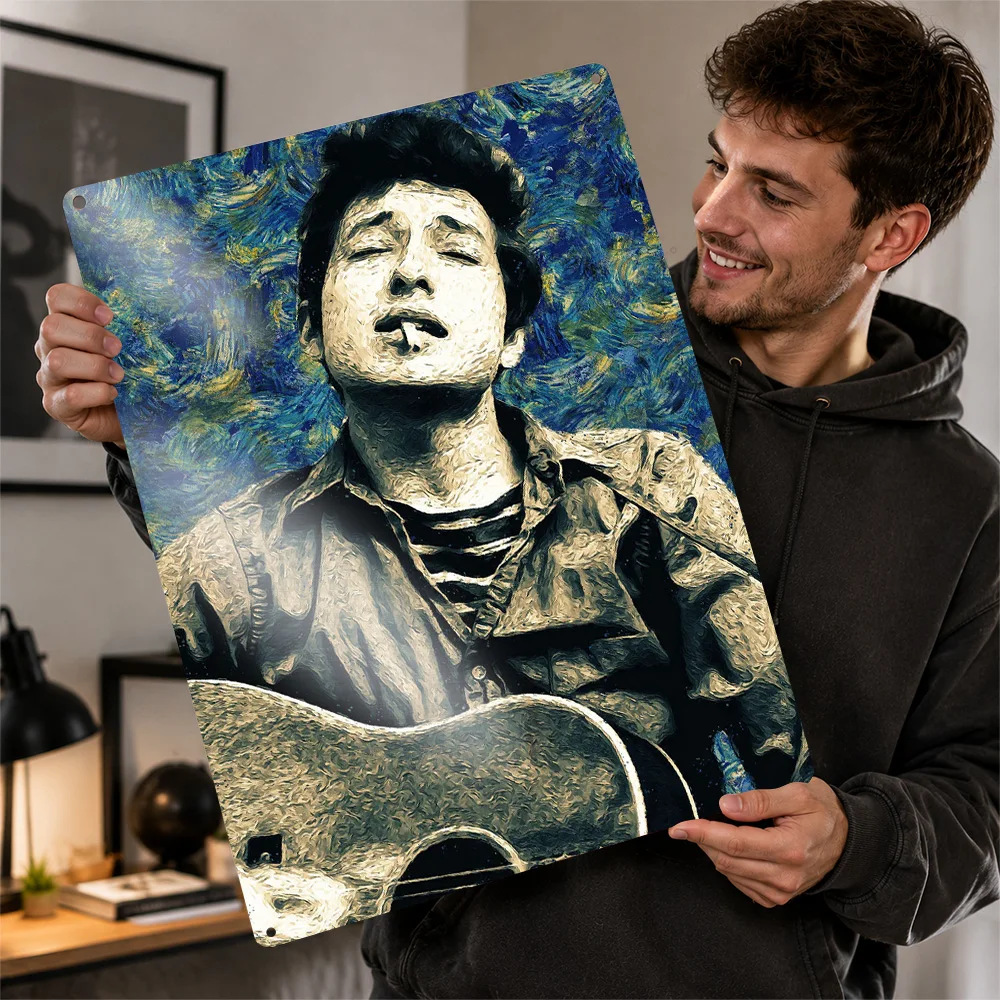 Bob Dylan With Guitar Textured Metal Poster Starry Night Inspired Wall Art For Bedroom Customized Aluminum Sign Musician Gift