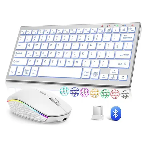 무선 키보드 및 마우스 콤보 Bluetooth RGB 백라이트 무음 슬림 컴팩트 가위 PC 노트북 iPad Mac 용 충전식 2.4G USB