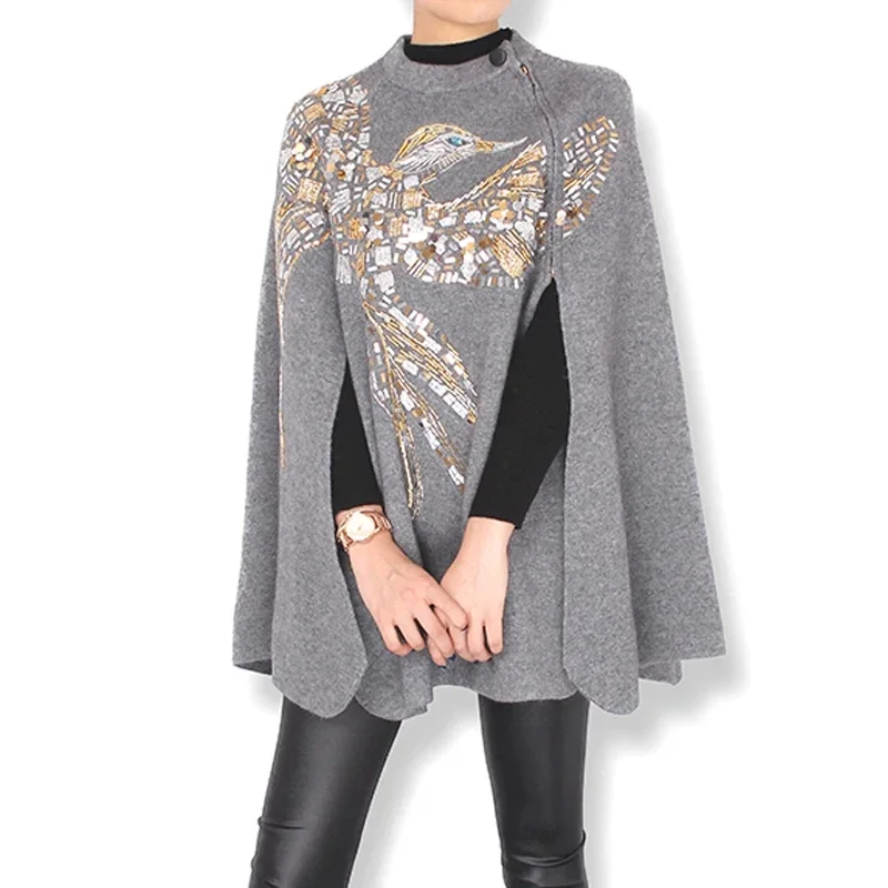 2024 winter knitted Cashmere Cloak Coat eagle pattern handmade beading sequins embroidered Women Shwal Batwing Sleeve Sweaters