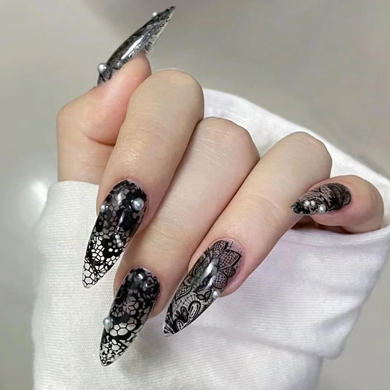 1/10 Rolle Elegante Schwarz-Weiße Spitzenblumen-Nageltransferfolien Fantasie Retro Blumenmuster Sternenhimmel Papieraufkleber Maniküre-Zubehör – Detail 7