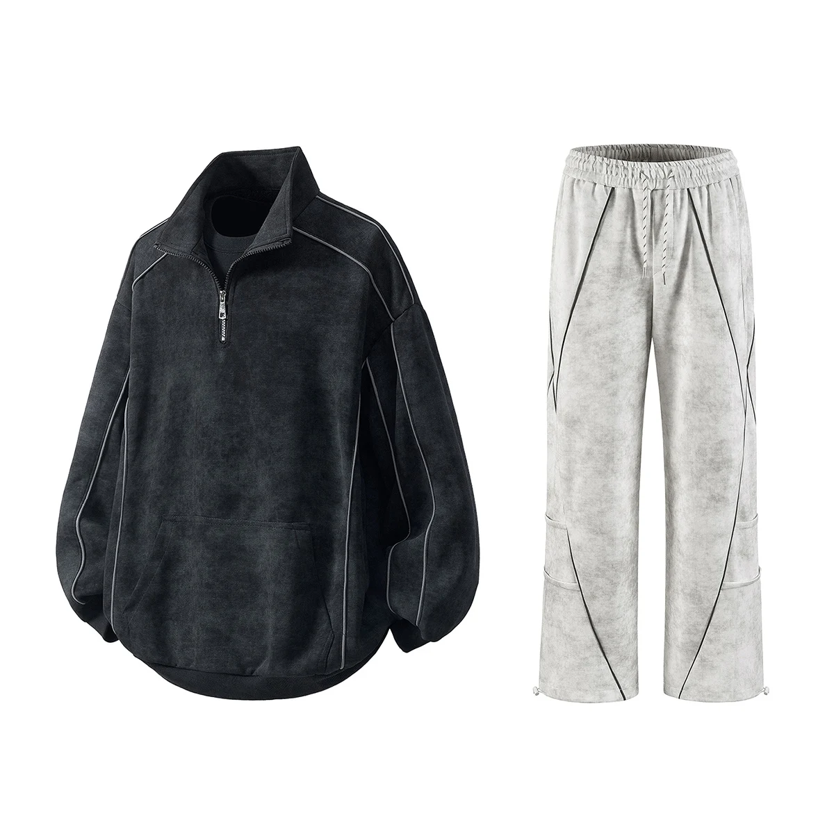 Mens Outdoor Sport Set Stand Collar Pullover Sweatshirt Straight Loose Casual Pants Tie Dye Patchwork Design Athletic Wear