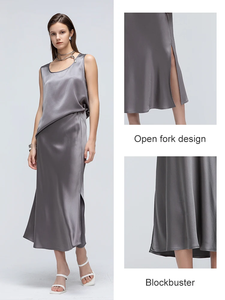 2024 Fashion Ladies 22MM plain crepe section silk smooth solid color split skirt