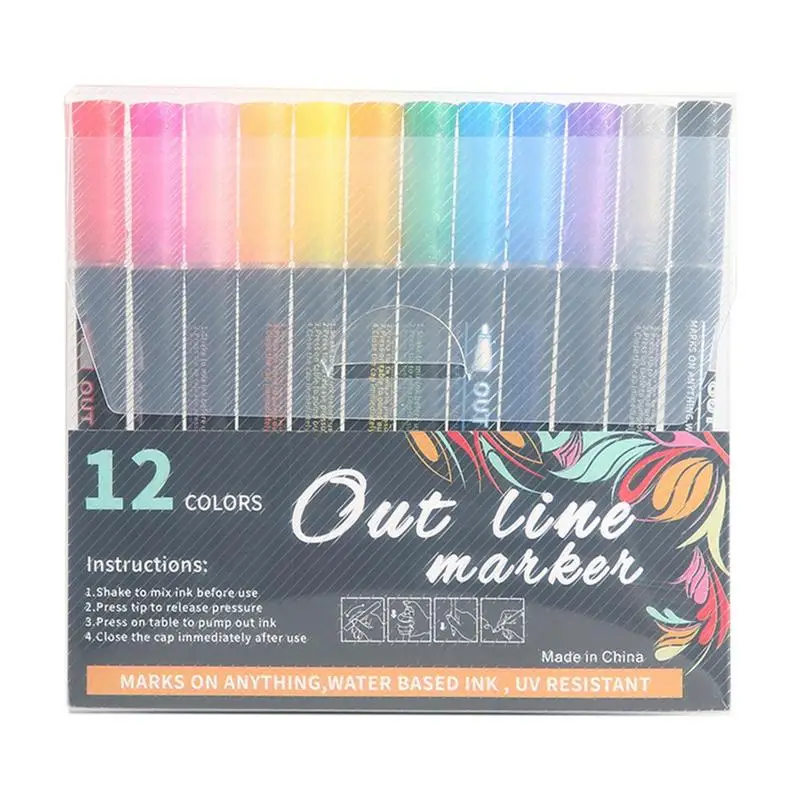 Double Lines Outline Markers 12 Colors Drawing Double Lines Pens Portable Outline Markers Double Lines Pen For Drawing Painting