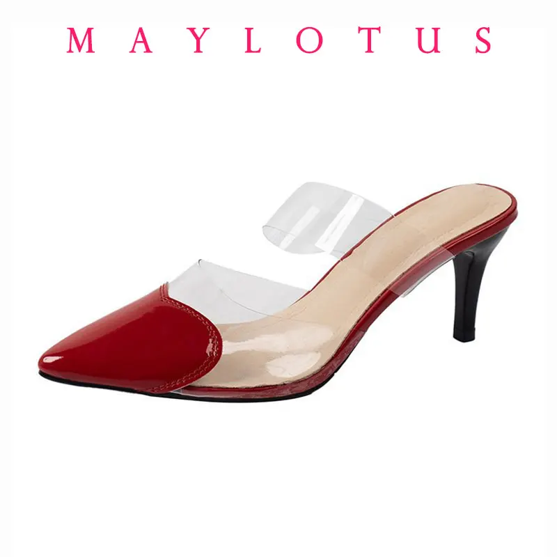 

Elegant Pointed Toe Transparent PVC Heart High Heels Mules Slipper Shoes Women Black White Red Shoes Luxury Designer Pumps