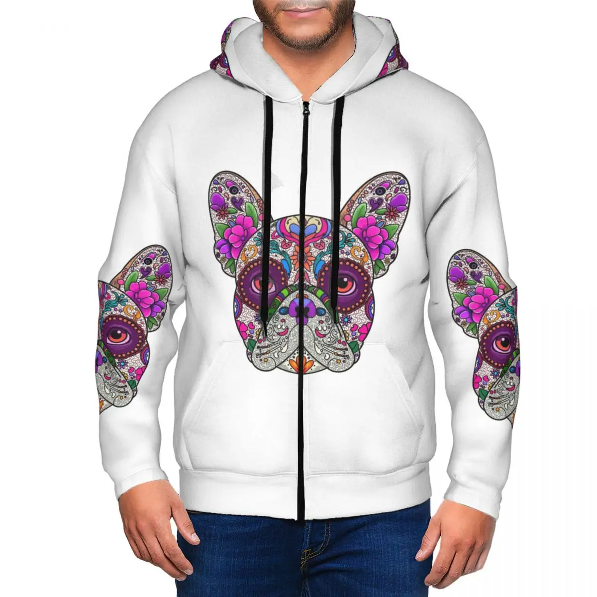 Mexican Day Of The Dead Dog Frenchie Zipper Hoodies Harajuku Pullover Autumn Winter Men Women Sweatshirt Long Sleeve Tops