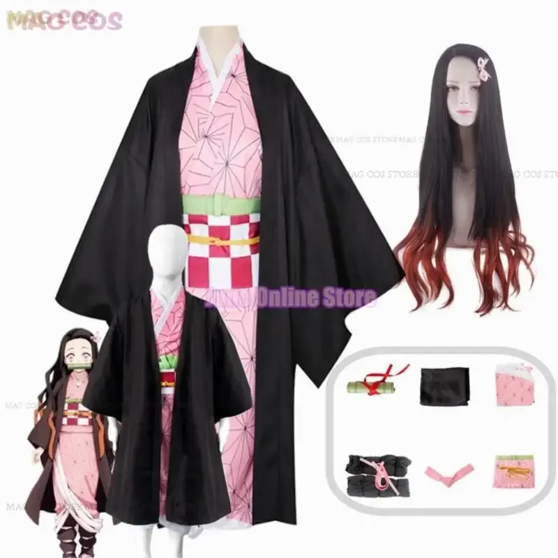

Adult Kids Kamado Nezuko Full Cosplay Costume Women Japanese Kimono Girls Halloween Christmas Clothing Kamado Nezuko Wig