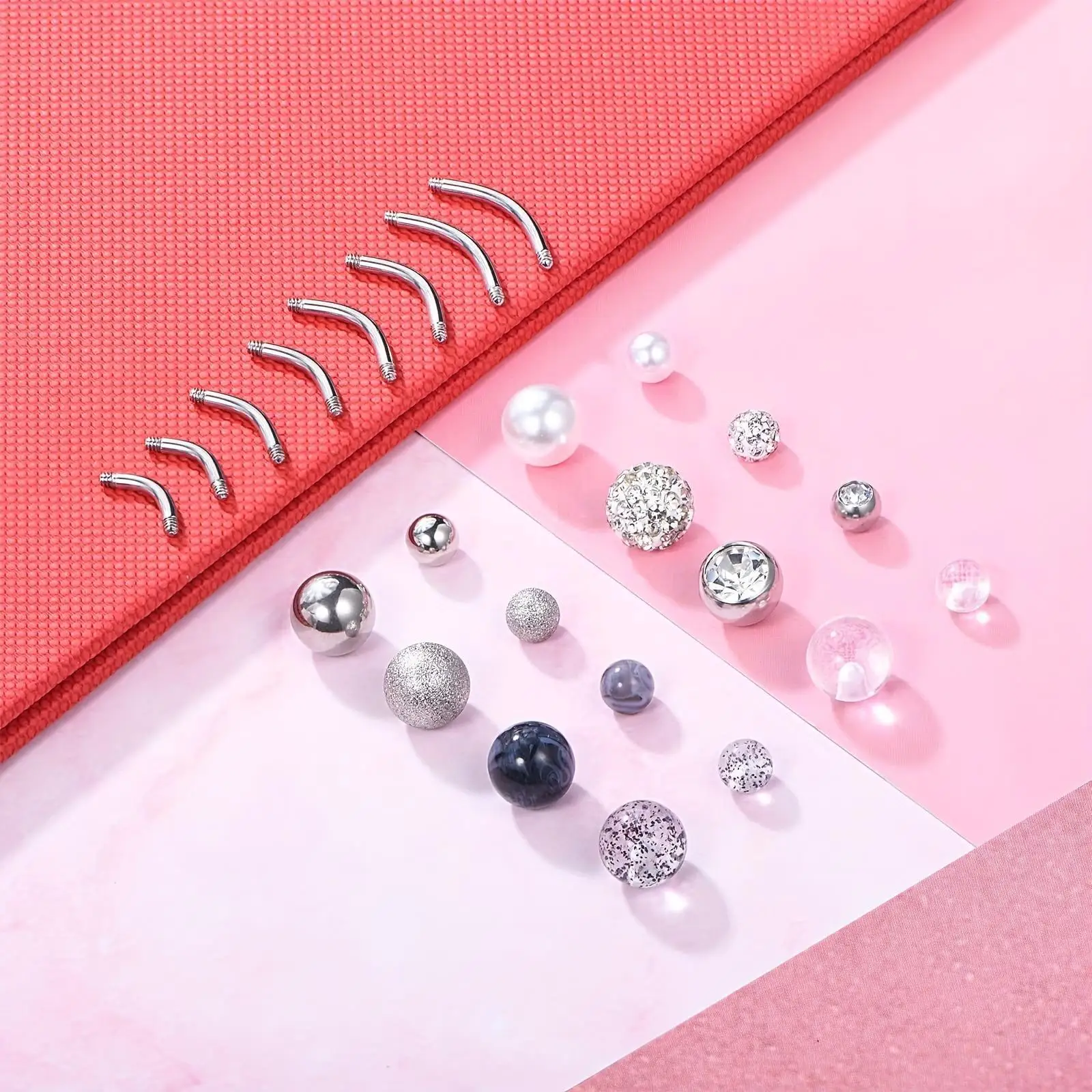 24pcs 14G Stainless Steel Piercing Rods and Bead Accessories Set Curved Rods Various Lengths Belly Button Piercing Combination