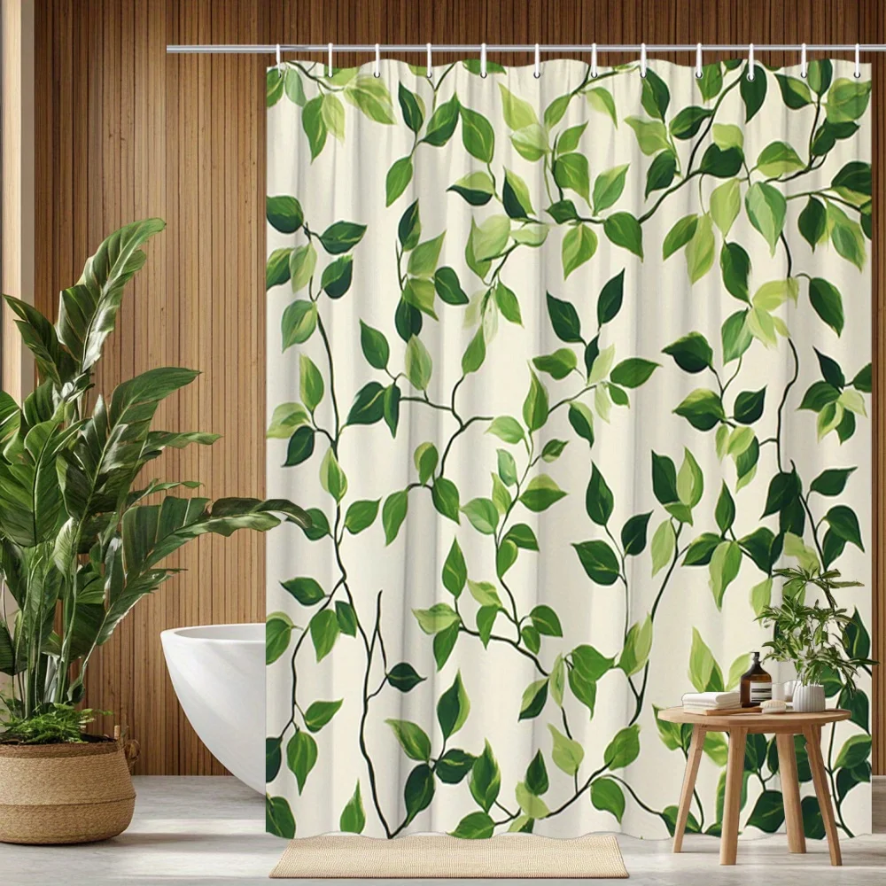 

1 современная занавеска для душа в виде листьев ботанической лозы — пишные зеленые лозы на бежевом фоне, полиэфирная ткань с крючками, которую можно стирать в машине