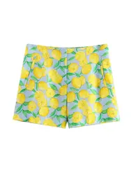 HH 2024 Women's Summer Causal Elegant Shorts Linen Fruit Print High Waist A-Line Holiday Shorts Fashion Versatile Bottoms