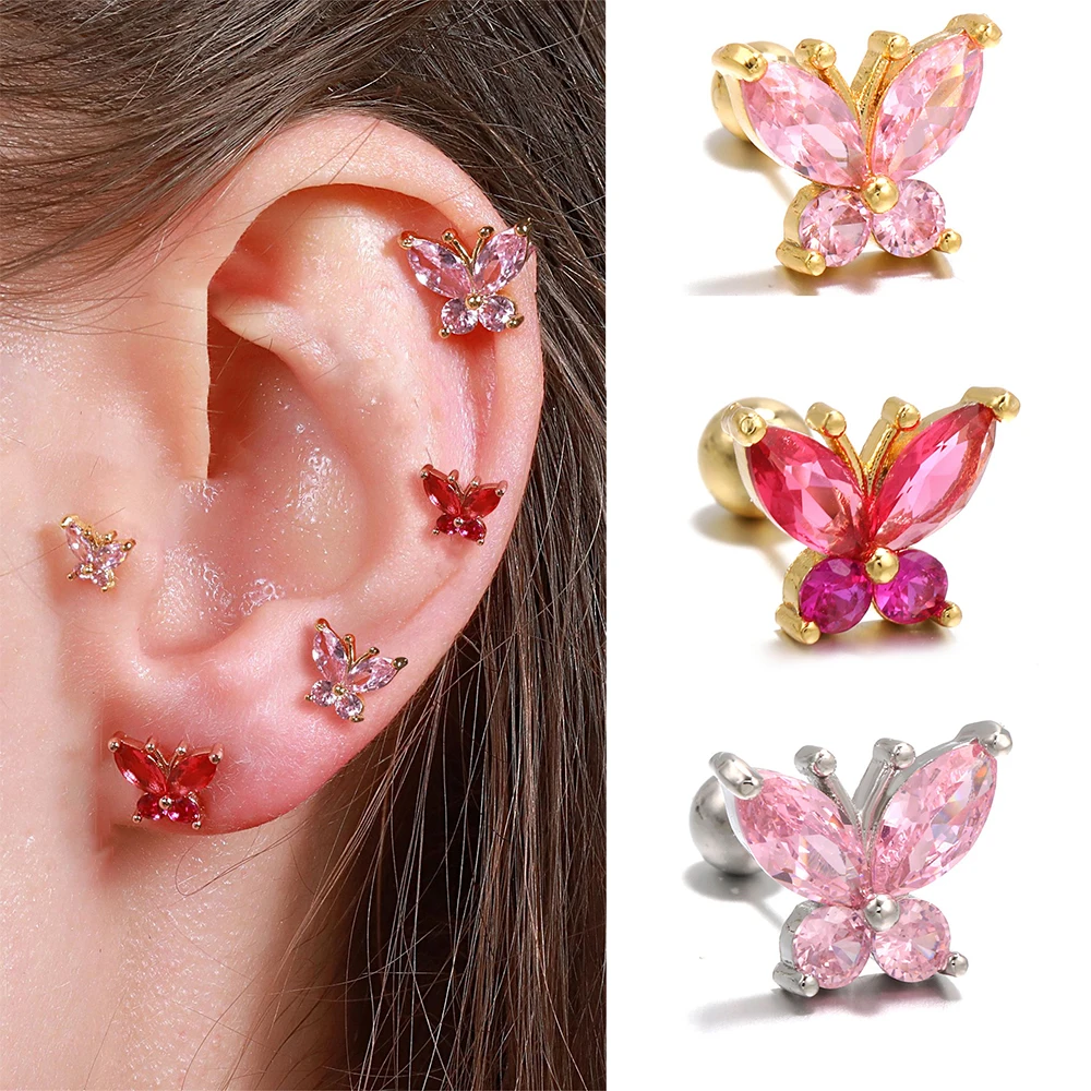 1PC koreański Mini cyrkon motyl minimalne kolczyki do uszu kolczyki damskie ze stali nierdzewnej Helix szpilki Tragus chrząstka Piercing biżuteria