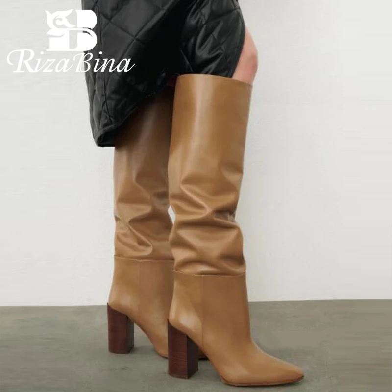 RIZABINA Genuine Leather Women Knee High Boots Sexy Pointed Toe Chunky Heel Long Boots Winter Wide Calf Boots Party Footwear