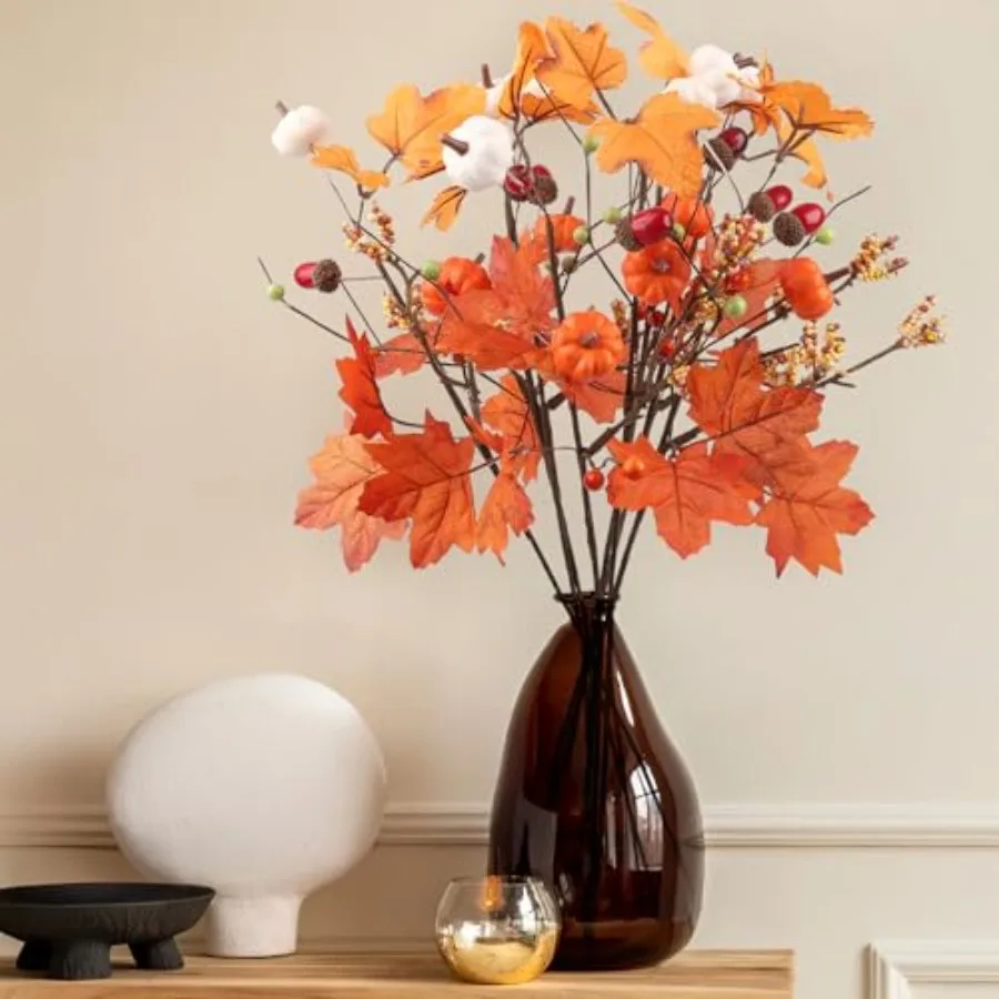 

8PCS Fall Stems for Vases with Berry 16'' Yellow Orange Red Maple Leaves Pumpkin Floral Picks Fall Brahes Decorations for Autum