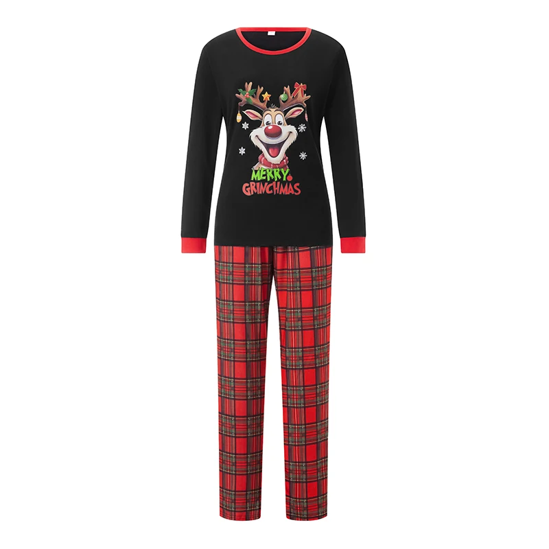 Christmas Family Matching Pajamas Set with Reindeer Print Tops and Plaid Pants for Cozy Loungewear and Sleepwear