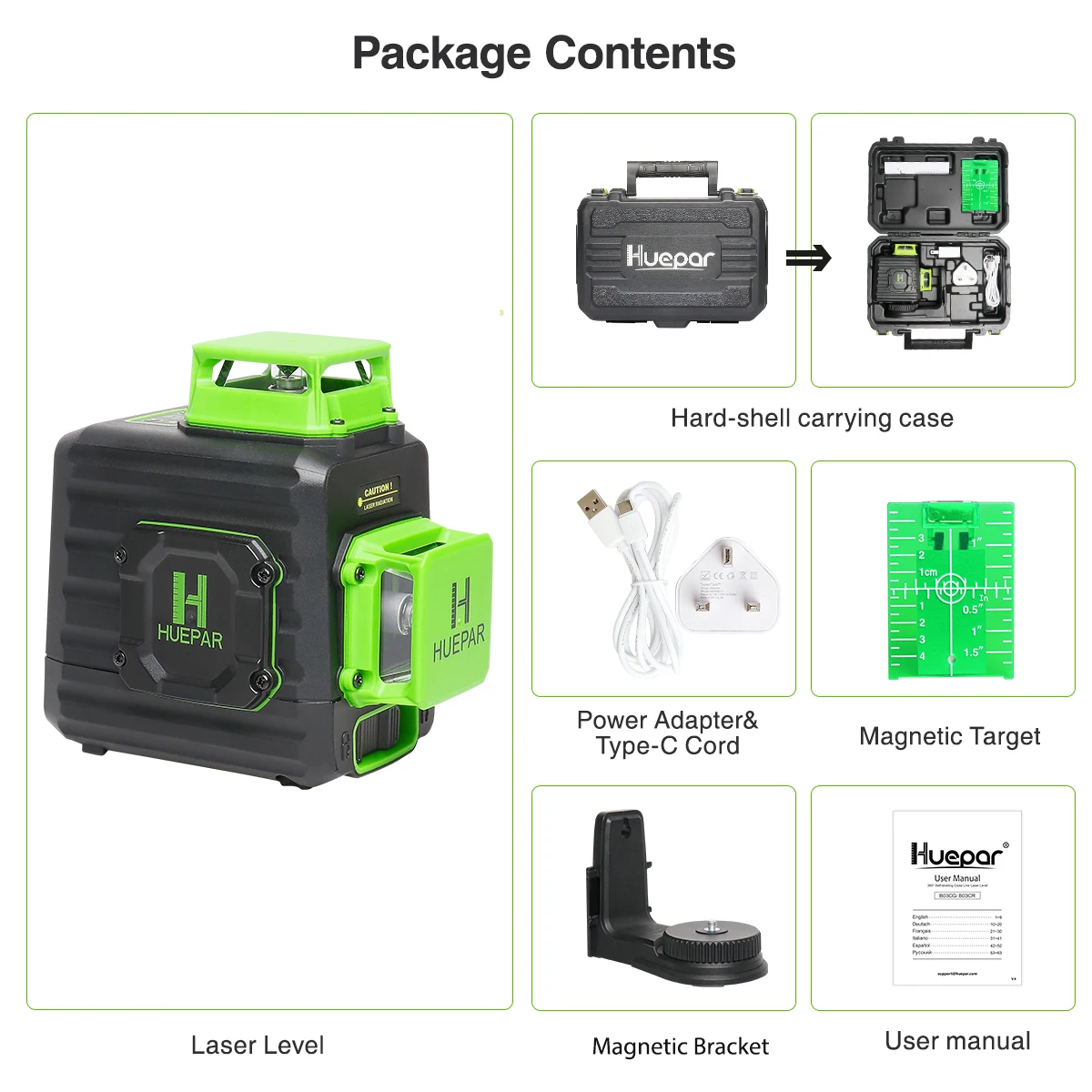 Huepar-セルフレベリングレーザーレベル,緑色光リチウムイオン電池,b02cgクロスライン,タイプC充電ポート,ハードキャリングケース