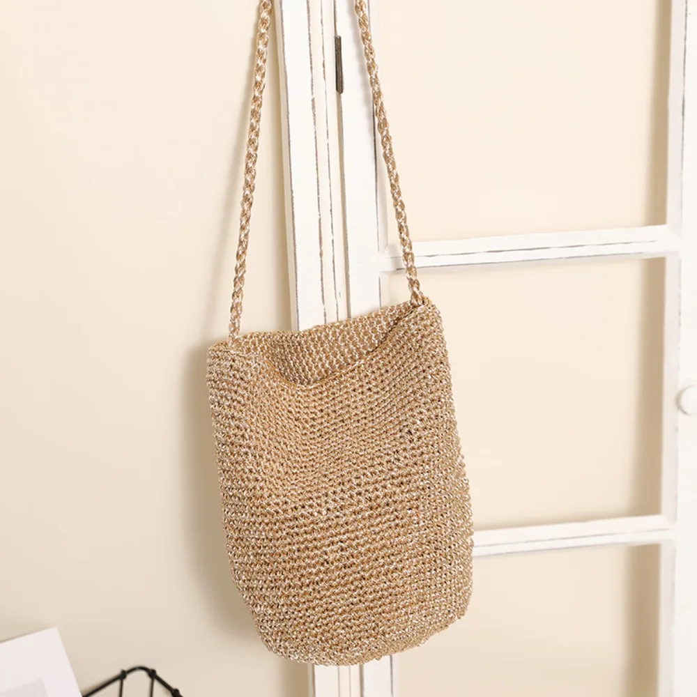 

Korean Style Woven Bucket Bag Braided Glitter Shiny Thread Crochet Tote Bag Handbag Solid Color Knitted Shoulder Bag Beach