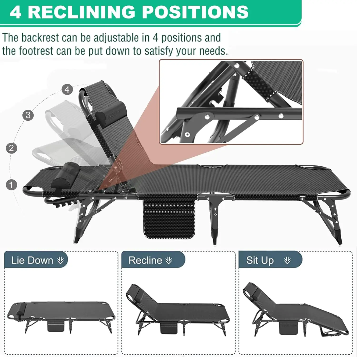 Portable Folding Camping Cot, Adjustable 4-Position Adults Reclining Folding Chaise with Pillow,