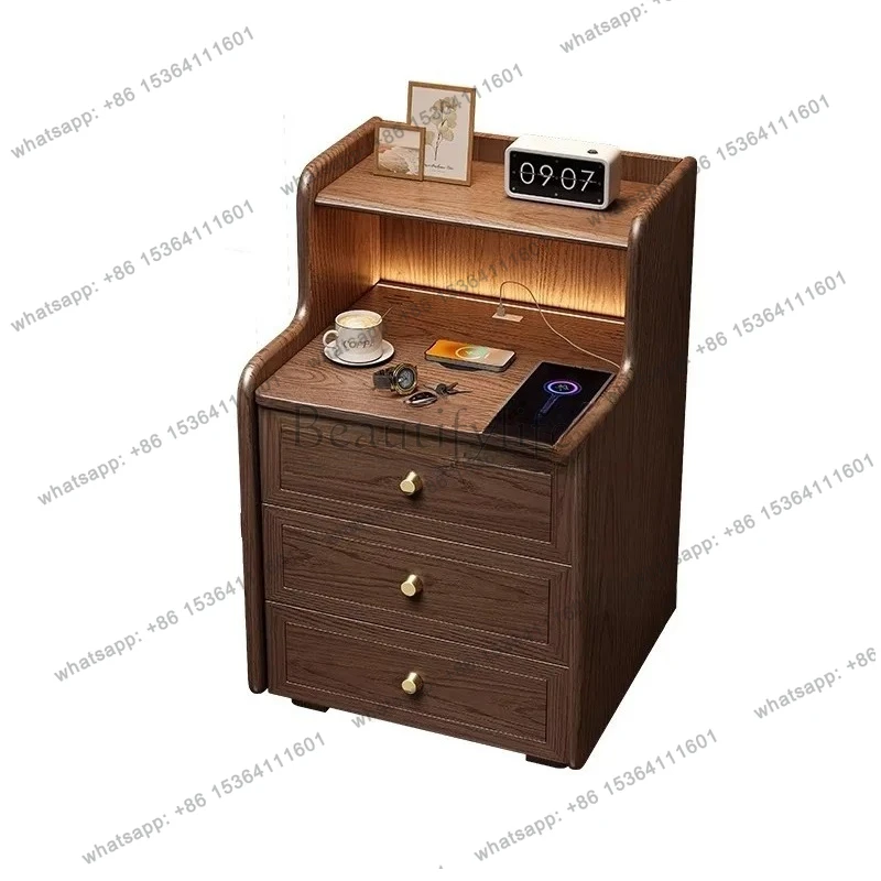 Solid Wood Smart Bedside Table Bedroom Home Fingerprint Password Lock Bedside Cabinet
