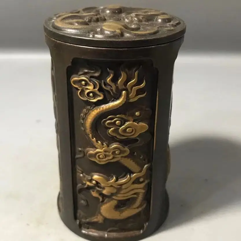 Gilded Brass Toothpick Holder Ornament Engraved with Four Divine Beasts