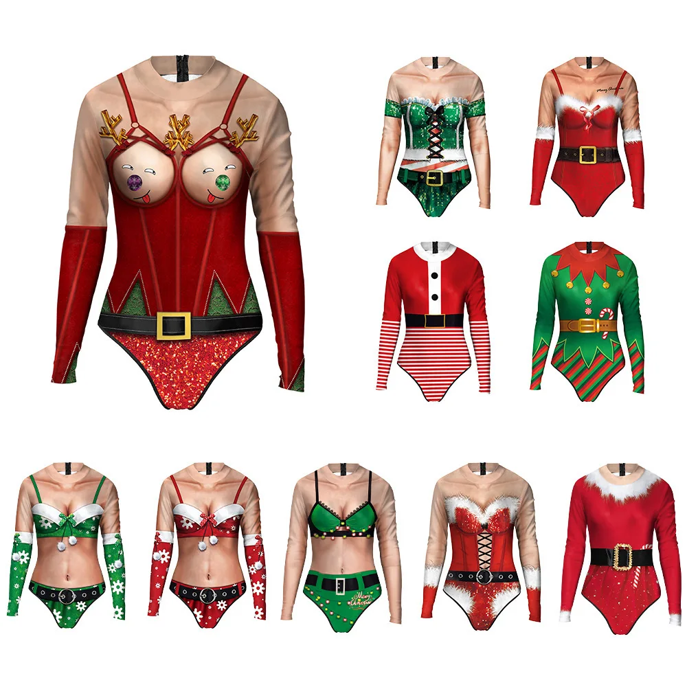 New Long Sleeve Zip Up Women Swimwear 3D Christmas Digital Print Conservative Bikini Set