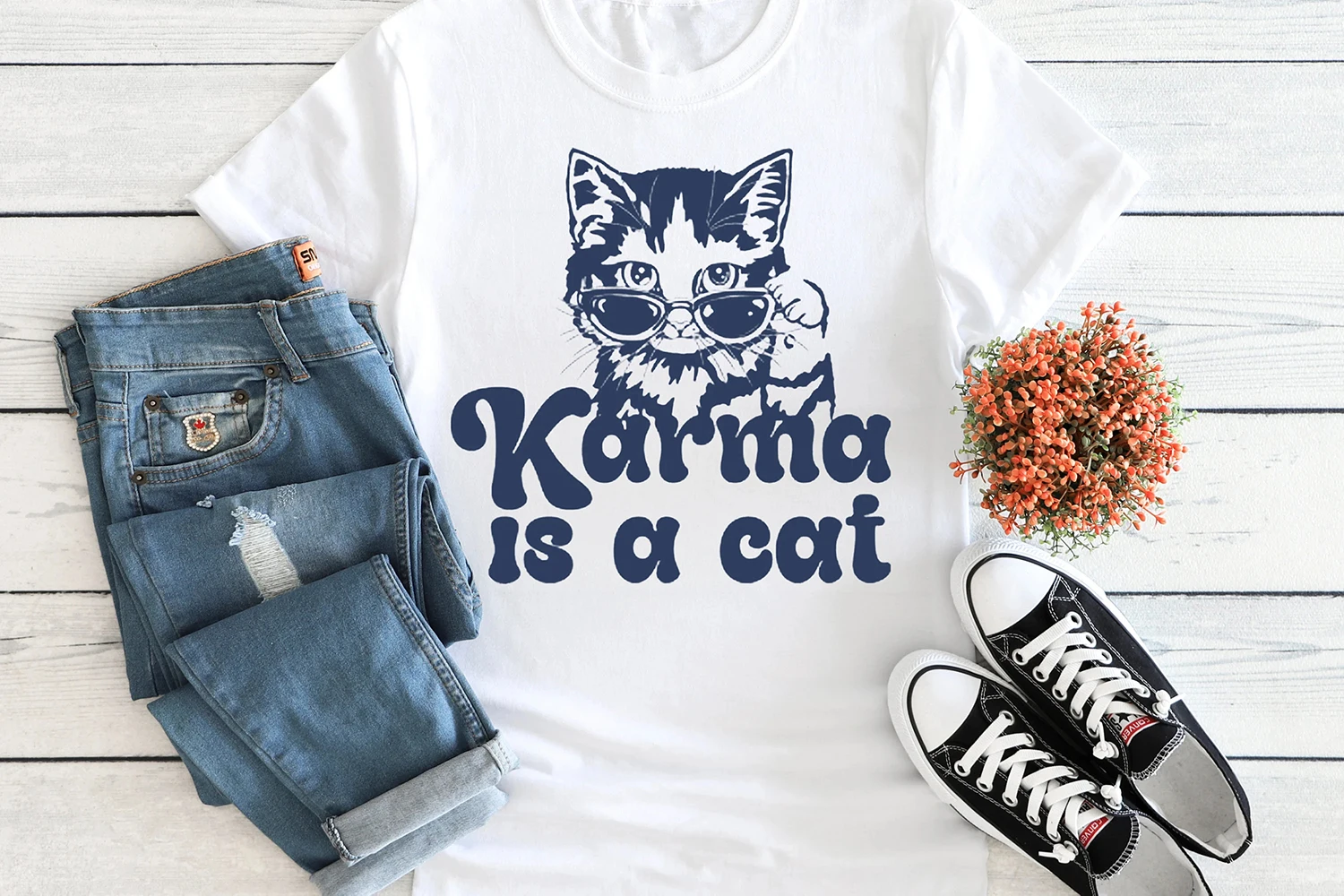 Karma Is Cat Slogan Women T-shirt Cute Cartoon Cat with A Sunglasses Print Female Shirt New Popular Summer Al Match Girl Tee