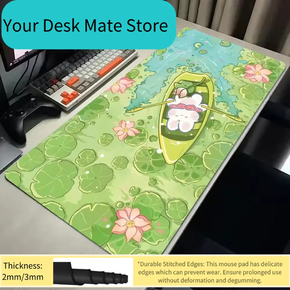 Cute Bunny on Lotus Pond Extended Gaming Mouse Pad Kawaii Summer Desk Mat Non-Slip Keyboard Pad