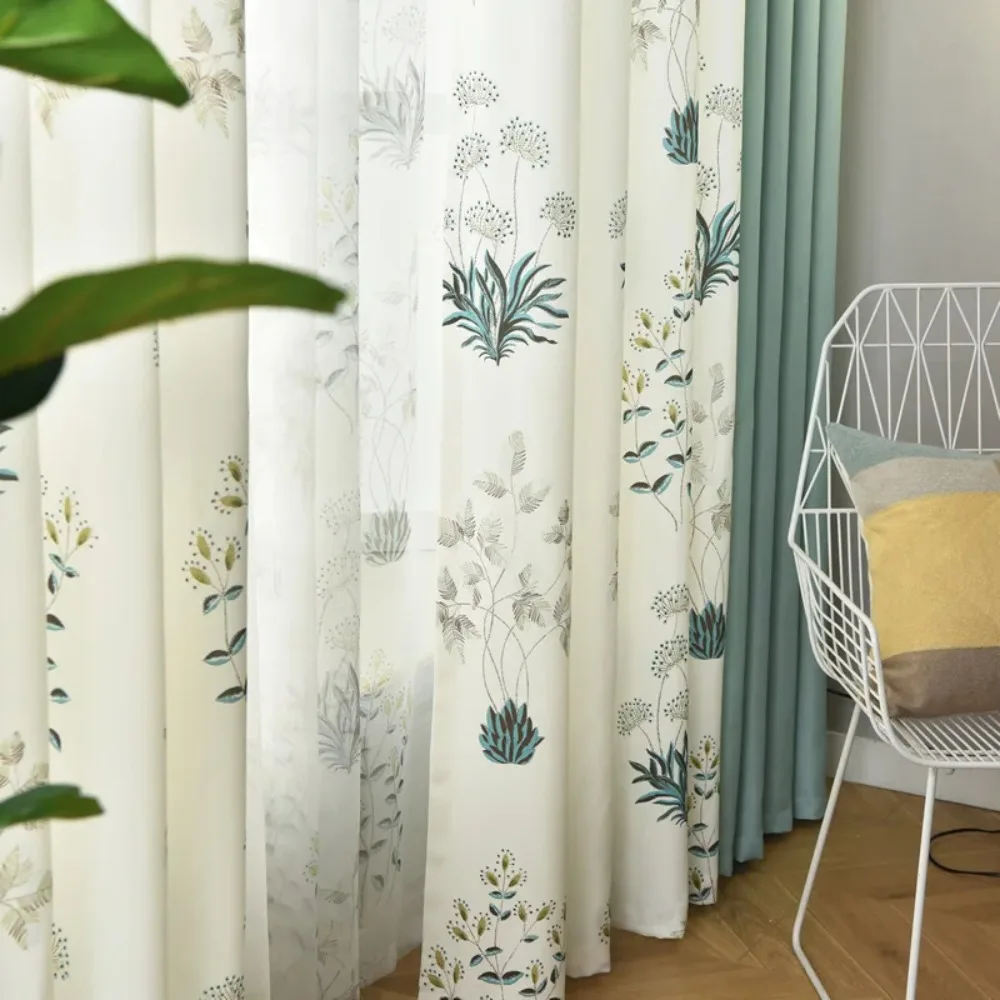 Korean Style High-end Plant Print Pastoral Style Imitation Linen Curtain Living Room Bedroom Balcony Curtain Window Screen