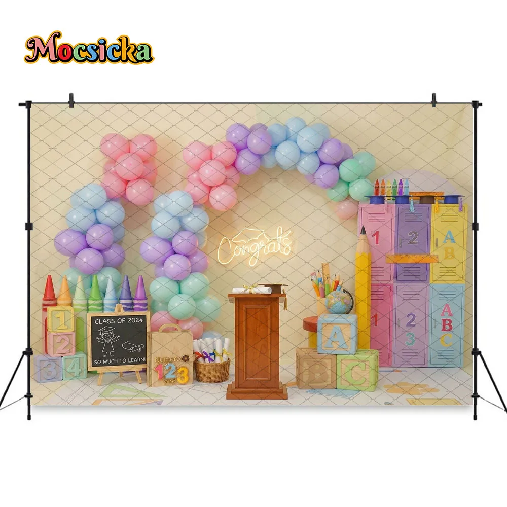 Mocsicka Backdrop Photography Kindergarten Graduation Balloon Wall Photo Background Preschool Back to School Party Studio