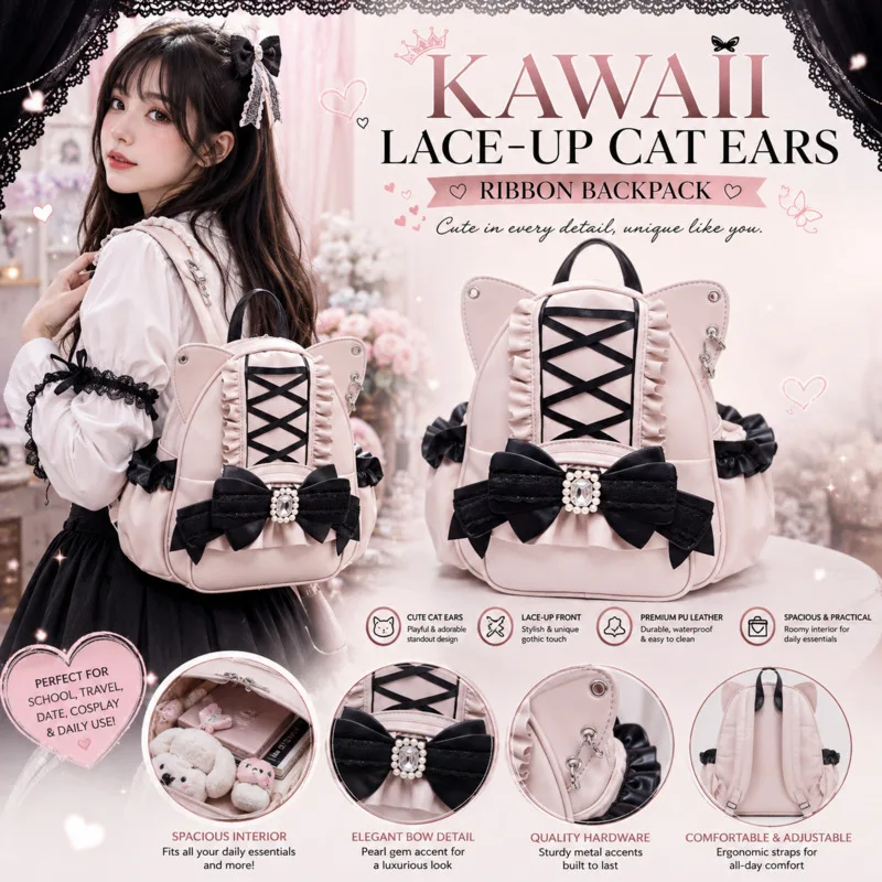 Gothic Lolita Cute Cat Ear Backpacks Y2K Shoulder Bag PU Leather Lace Bow Large Capacity Kawaii Cosplay Daily Purse Itabag Girl