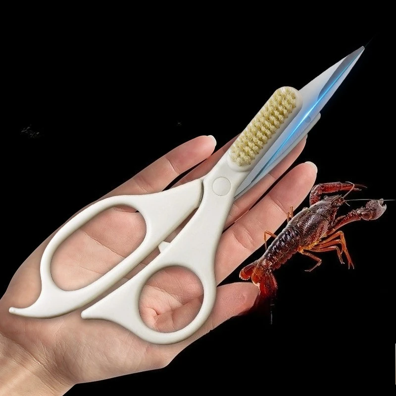 Crayfish specific scissors for back opening and shell removal, household shrimp peeling and tail trimming tools with brushes