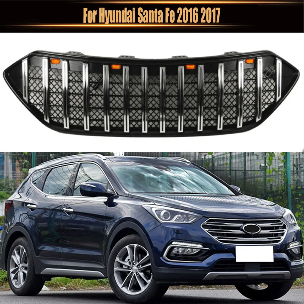 Replace LED Lights ABS Grills Grid Mesh Style Bumper Mask Cover Front Middle Racing Grille For Hyundai Santa Fe 2016 2017