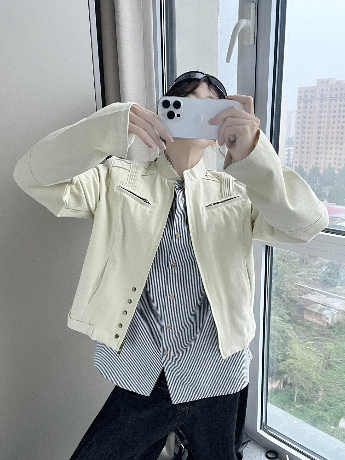 American Retro Workwear Jacket Short Casual Stand Collar Women's Outerwear Spring 2026 Loose Fit Long Sleeve Zipper Closure