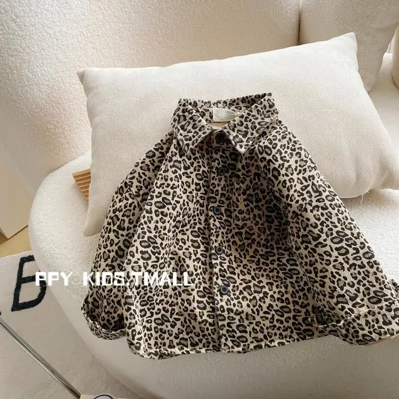 Blouses Boys T-shirt Turn-down Collar Leopard Print Button Long Sleeve Spring Fall Cool Pretty Soft Cotton Turn Down Collar 2024