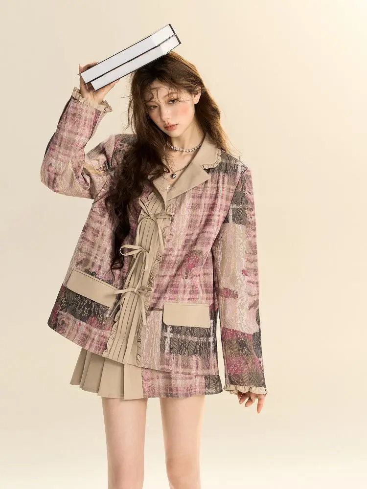 Spring Vintage Preppy Style Loose 2 Pcs Sets Women Suits Bow Tie Ruffled Edges Blazers + Mini Pleated Skirt Women Y2k Suits