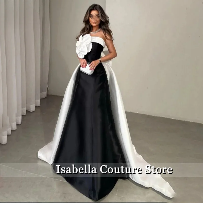 Isabella zwarte feestjurk A-lijn avondjurk met 3D-bloem strapless satijnen galajurk avondjurken op maat