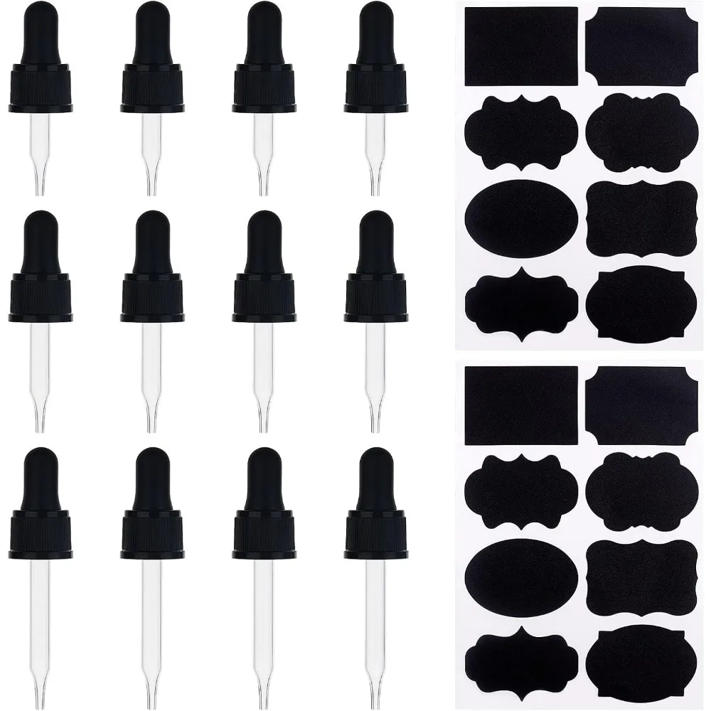 3 Sizes Glass Eye Droppers 12 Pack Transfer Graduated Pipettes Roller with 16pcs Stickers for 5/10 / 15 ml Essential Oil Bottles