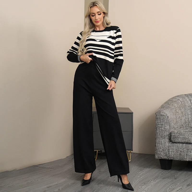 HELIAR Women Two-piece Set Striped Long Sleeve O-Neck Sweater and Wide Leg Pants Set Knit Office Women Outfit Warm Fall Winter