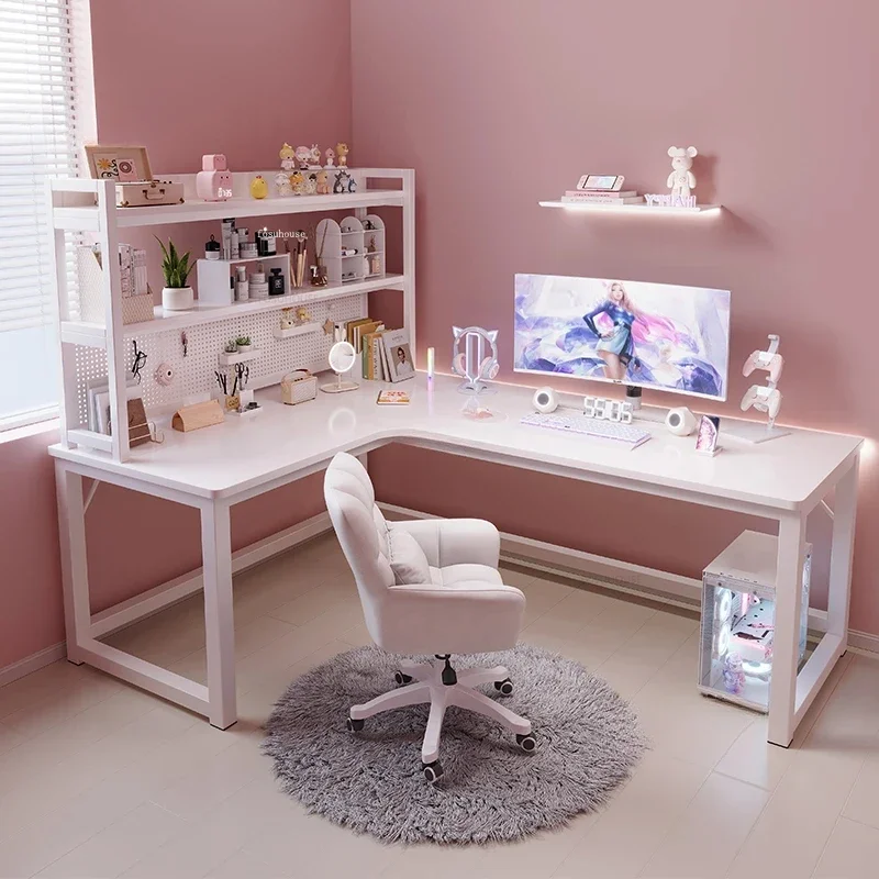 Modern Corner Computer Desks Home Double Desktop Gaming Esports Table Bedroom Simple Cream Style Study Desks with Bookshelf Q