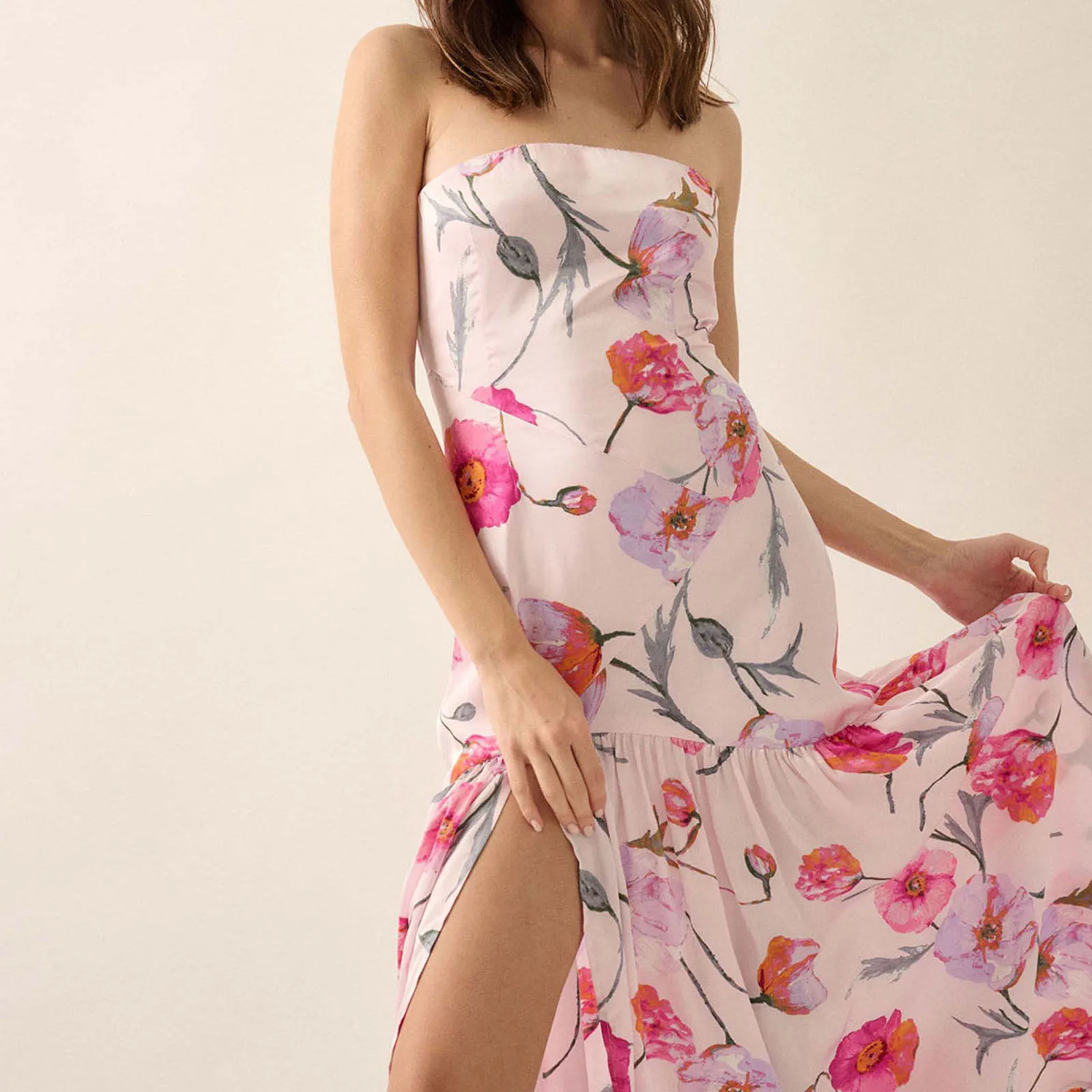 새로운 패션 여성 스트랩리스 드레스 세련된 플로럴 프린트 하이 슬릿 슬리브리스 튜브 롱 드레스 여름 핫세일 S M L