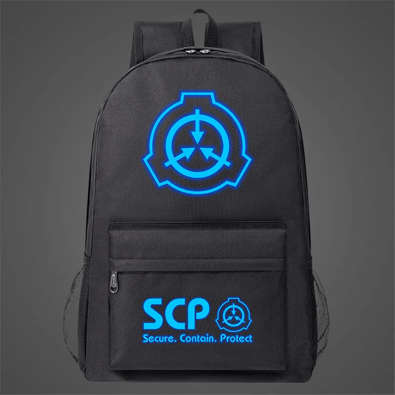SCP Foundation Backpack Blue Fluorescent Luminous School Bag  Teenage Boy Cool SCP Game Pring Travel Bagpack Laptop Shoulder Bag