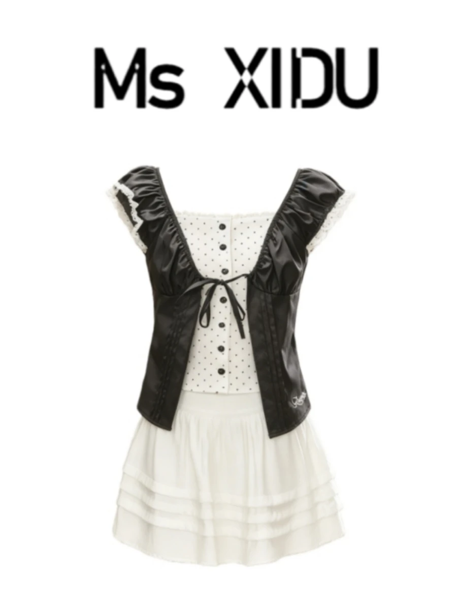 

MsXIDU Sweet Polka Dot Flutter Sleeve White Dress And Skirt Set Asymmetrical Hem Color Block Summer Fashion Women's Outfit