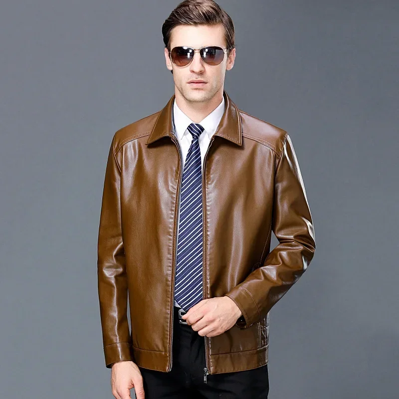 

New Men Fashion Lapel Leather Coat Autumn Winter Middle-Aged Men Large Size Casual Business Fleece-Lined Pu Leather Jacket