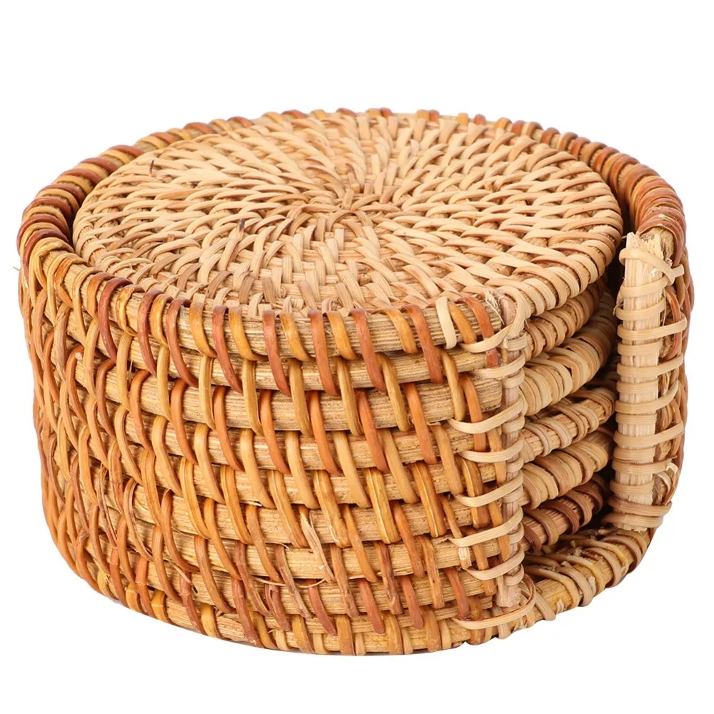 6Pcs Intricately Braided Placemat Fiber Material Solid Weave Heat Isolation Pad Non Scald Round Shape Dish Coaster