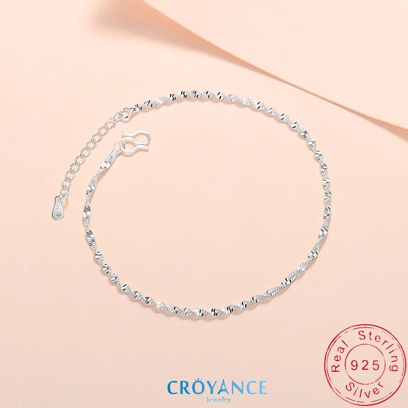 

925 Sterling Silver Fashion Simple Twisted Weave Ripple Bracelets Women&Girl Jewelry Gift Classic Wave Pattern Hand Chain Anklet