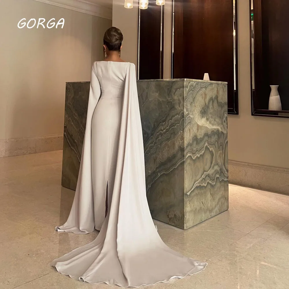 GORGA O-Neck Crepe Mermaid Evening Dresses Saudi Arabia Bell Sleeve Formal Occasion Dresses Floor-Length Party Gowns